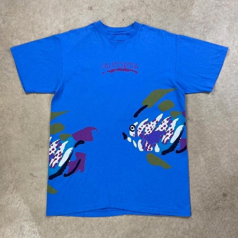 Vintage 90s California Fish Shirt Size Large Blue Wrap Around Graphic